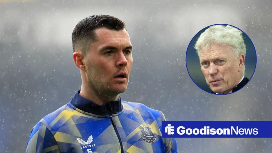 Everton defender Michael Keane with David Moyes inset