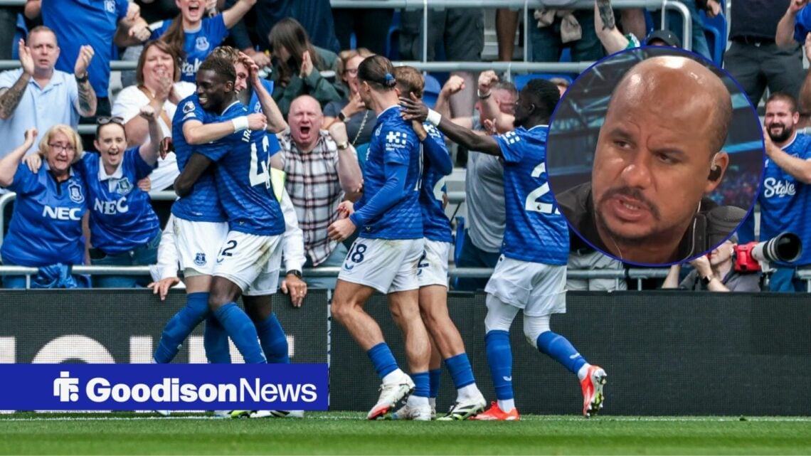 Everton players celebrate with Gabriel Agbonlahor inset