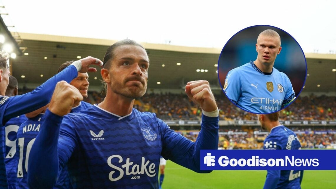 Jack Grealish celebrates with Erling Haaland in circle