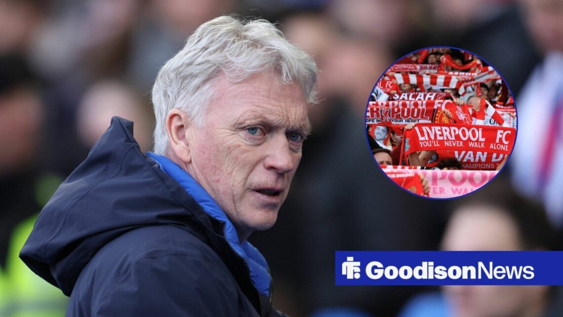 Everton manager David Moyes looks worried with Liverpool fans inset