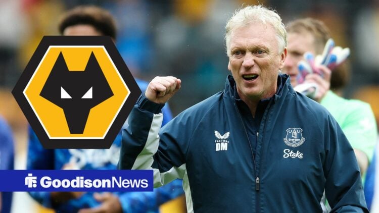 Everton manager David Moyes celebrates with Wolves inset