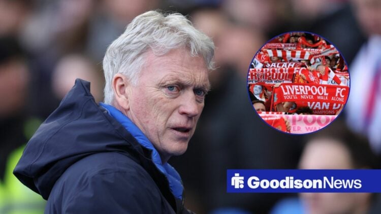 Everton manager David Moyes looks worried with Liverpool fans inset