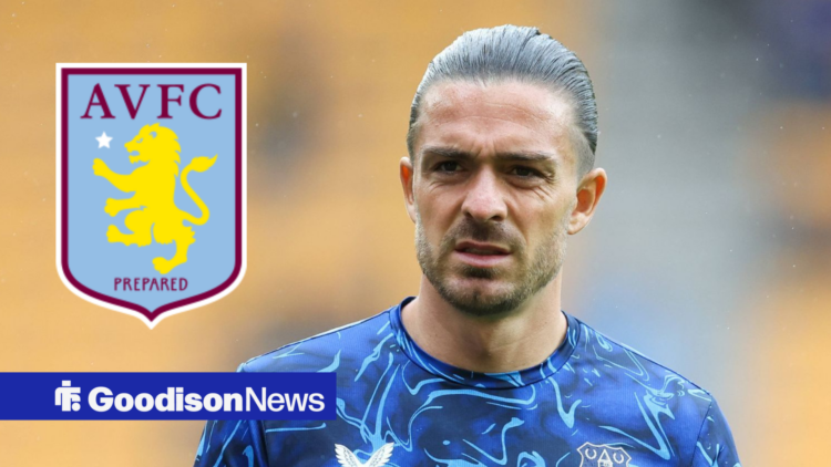 Everton winger Jack Grealish looking confused with Aston Villa badge inset