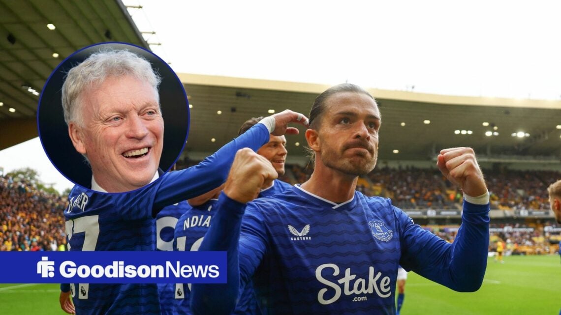 Everton winger Jack Grealish celebrates with David Moyes smiling inset