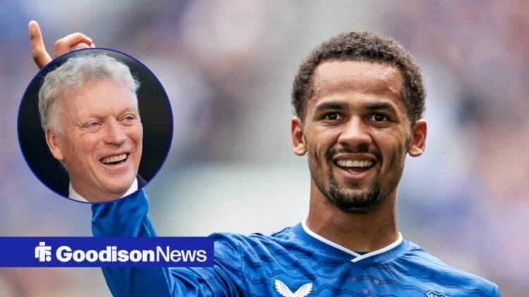 Everton winger Iliman Ndiaye celebrates with David Moyes smiling inset