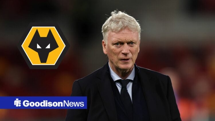 David Moyes looking away from Wolves badge on left