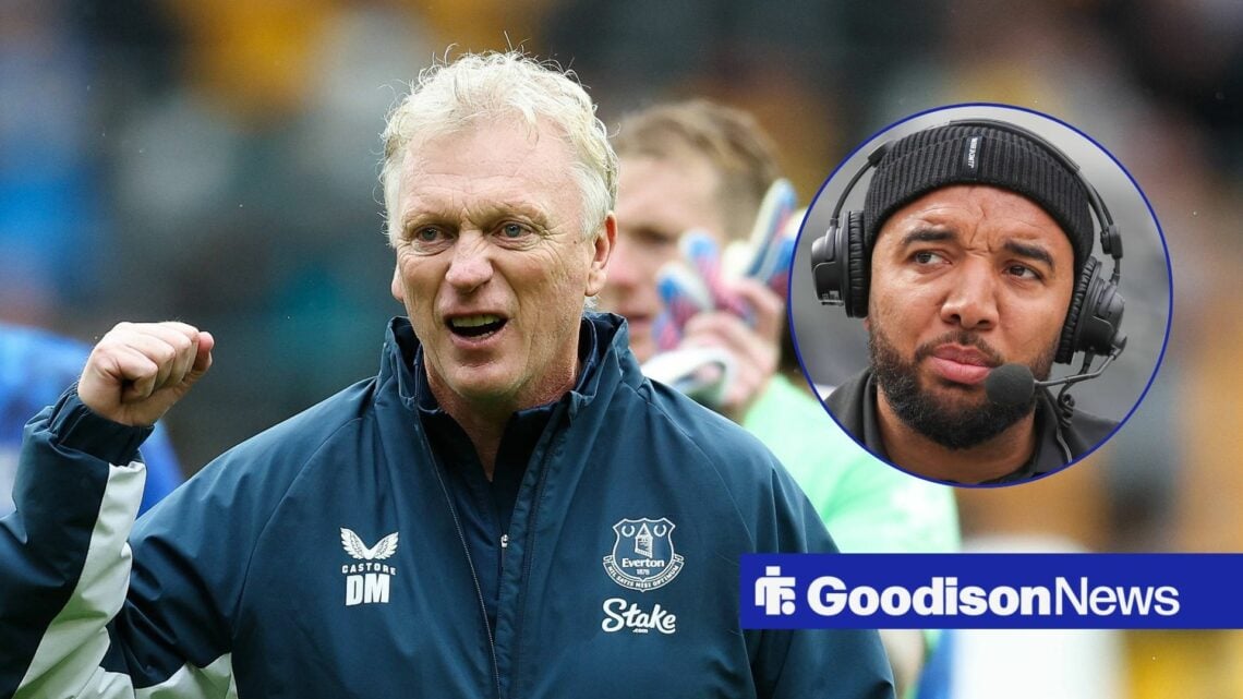 Everton manager David Moyes celebrates with Troy Deeney inset