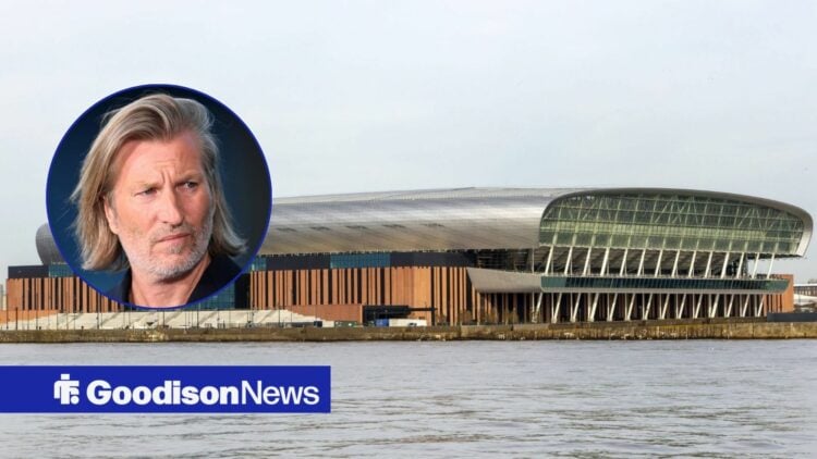 Everton's Hill Dickinson Stadium with Robbie Savage inset