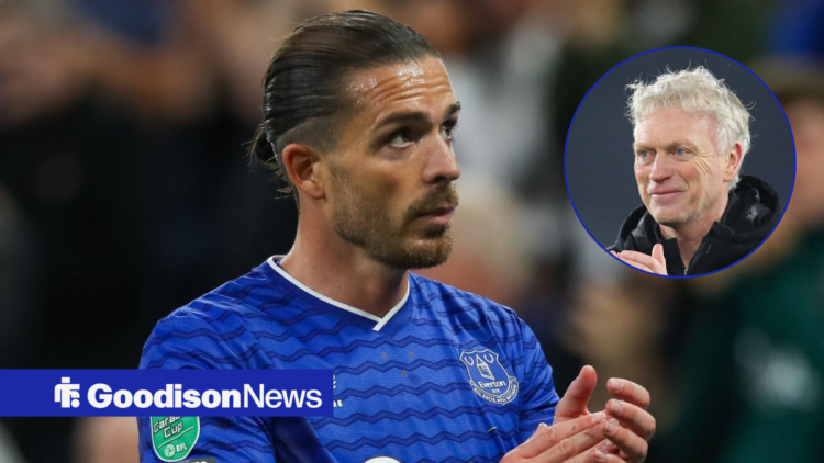 Everton midfielder Jack Grealish clapping with manager David Moyes smiling insert