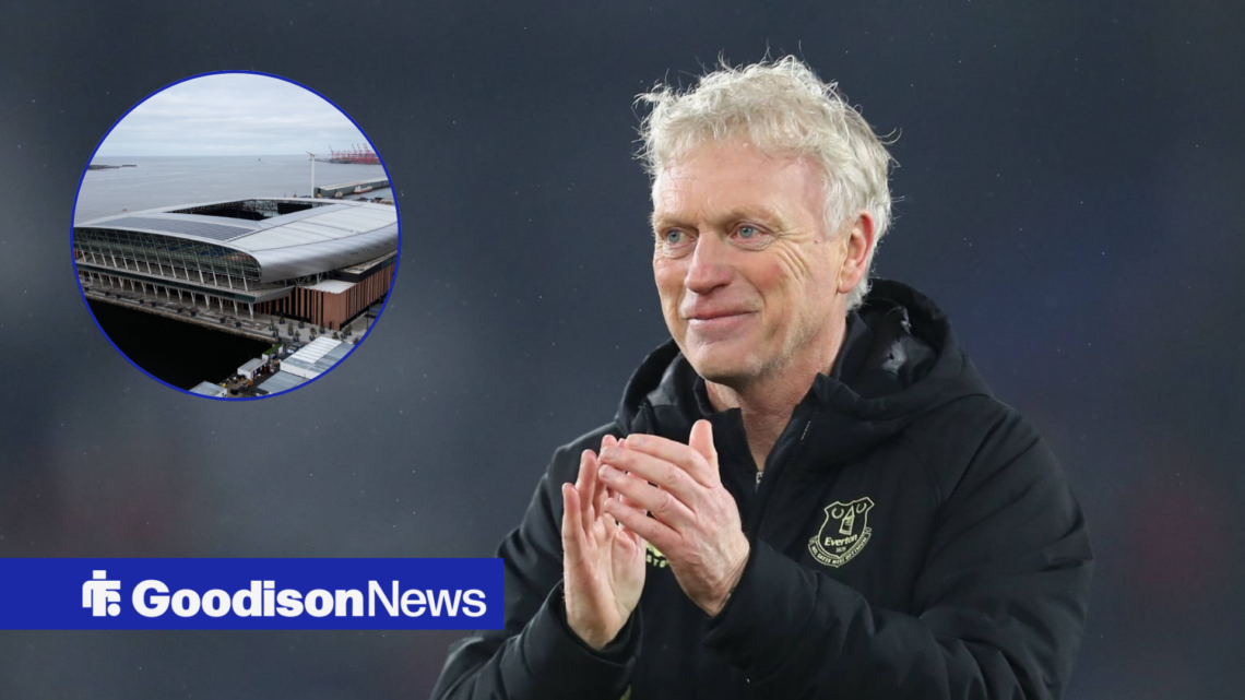 David Moyes clapping alongside a circle inset of the Hill Dickinson Stadium