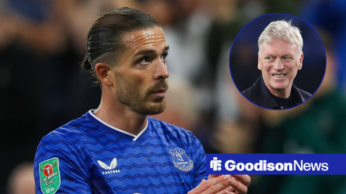 Everton midfielder Jack Grealish clapping with David Moyes in a circular inset