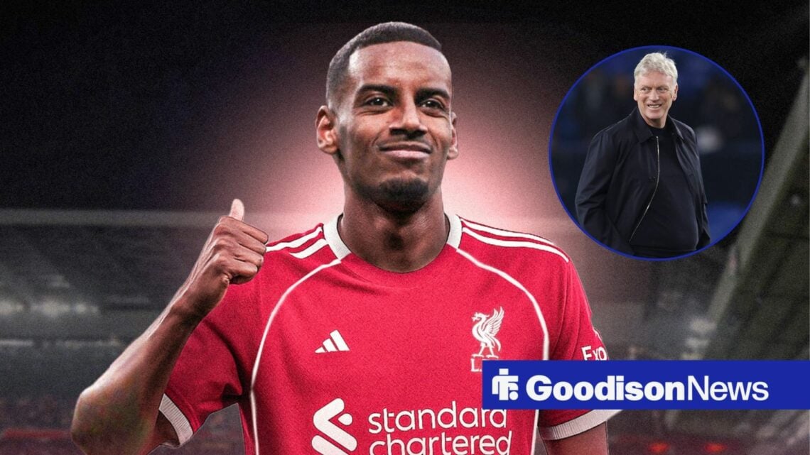 Alexander Isak in Liverpool kit with David Moyes smiling in circle