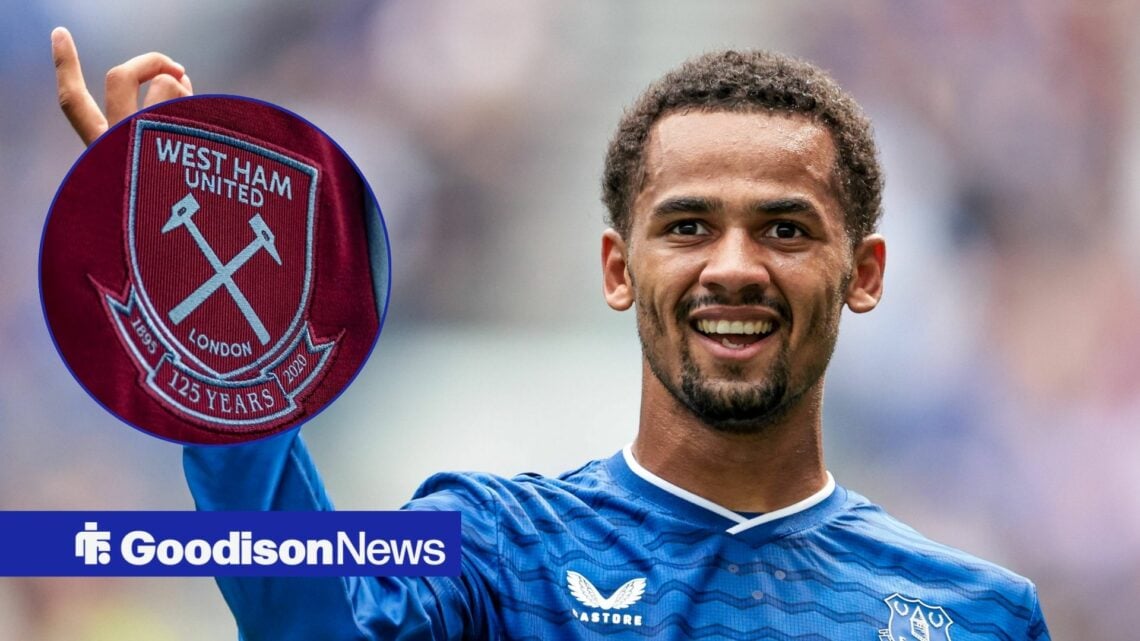 Everton winger Iliman Ndiaye celebrates with West Ham badge inset