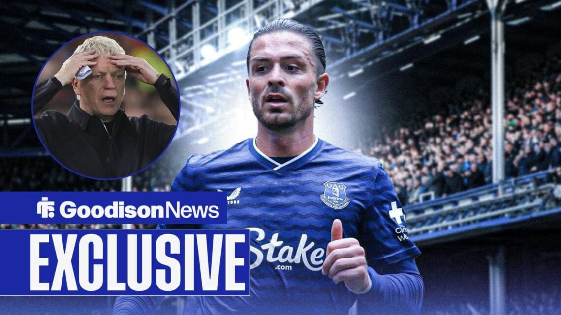Jack Grealish in Everton kit looking at David Moyes in circle in dismay