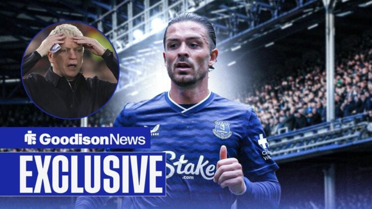 Jack Grealish in Everton kit looking at David Moyes in circle in dismay