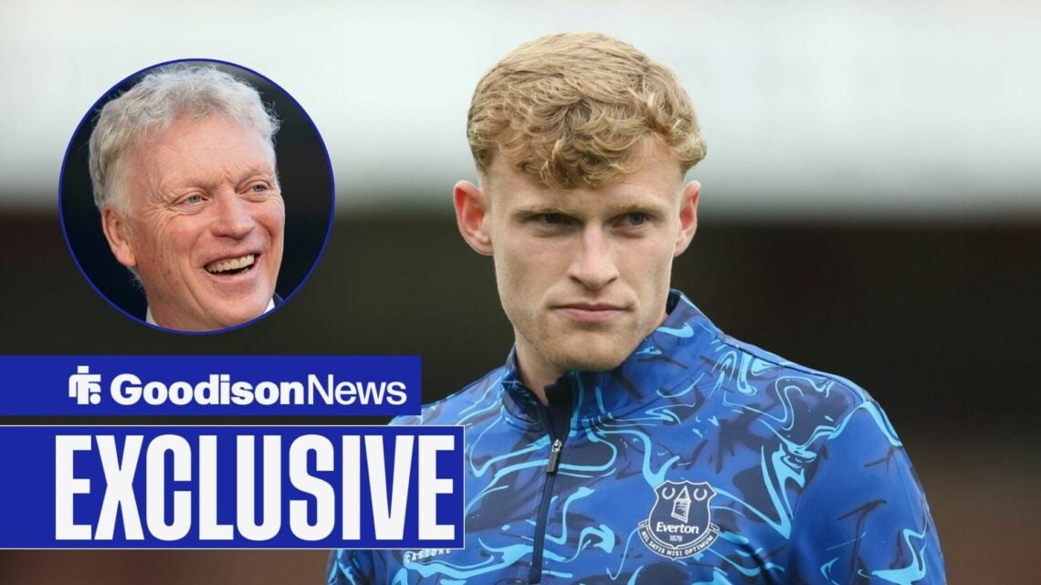 Everton defender Jarrad Branthwaite with David Moyes smiling inset