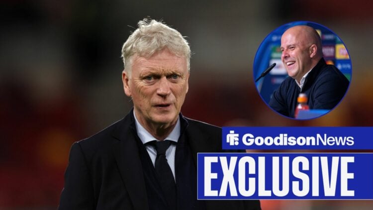 David Moyes looking at camera as Arne Slot smiles in circle