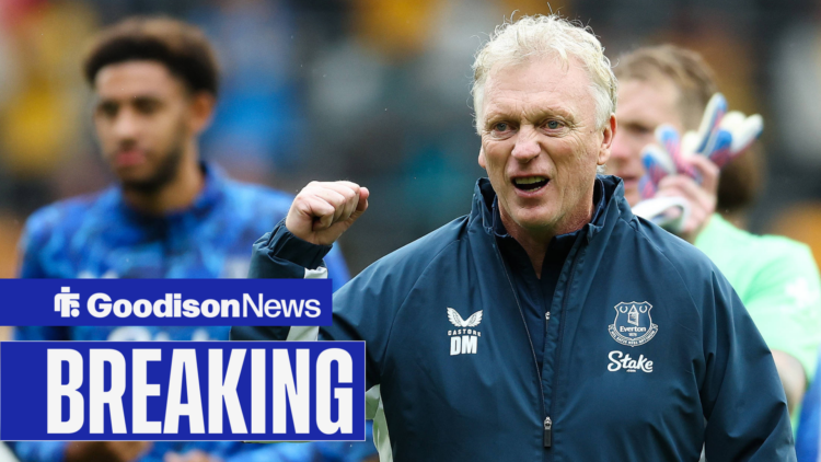 Everton manager David Moyes celebrates with his fist in the air.