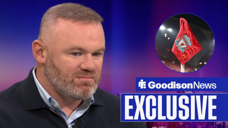 Wayne Rooney looking down alongside a circle inset of a Liverpool badge in a circle inset