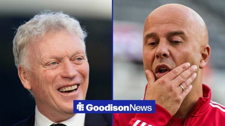 Everton manager David Moyes smiles with Liverpool manager Arne Slot looking confused