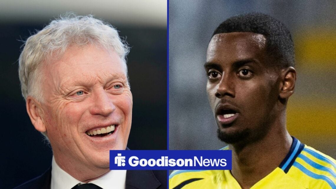 Everton manager David Moyes laughing with Liverpool striker Alexander Isak looking shocked