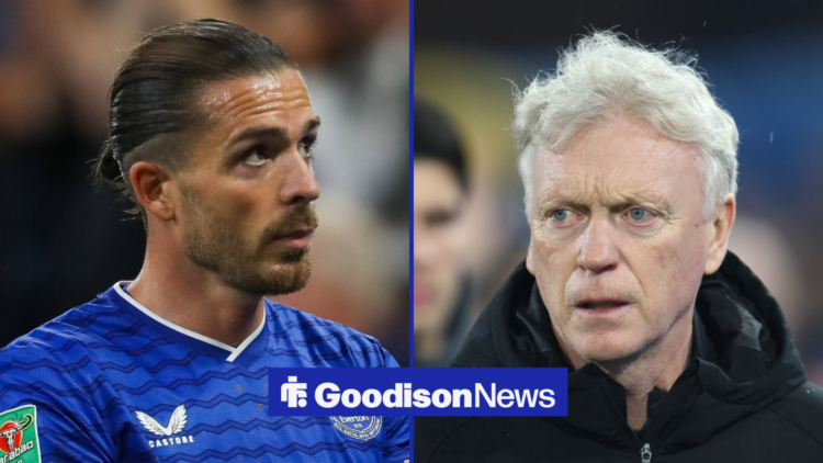 Everton winger Jack Grealish clapping David Moyes side by side