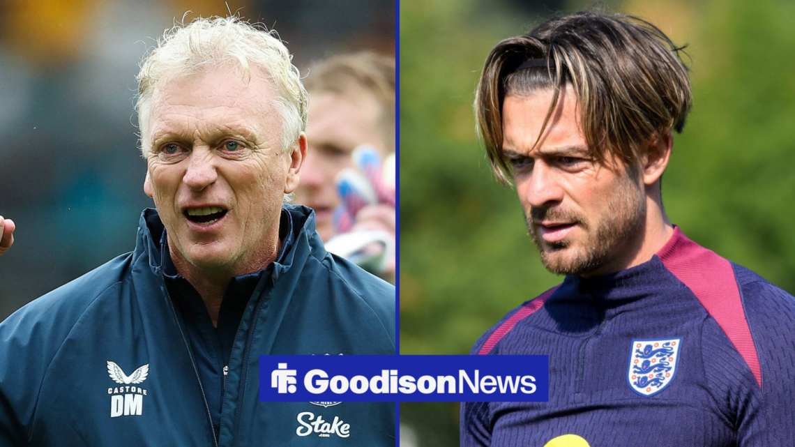 Everton manager David Moyes celebrates with Jack Grealish