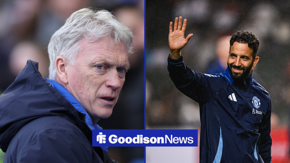 David Moyes on left side staring at Ruben Amorim on right side waving