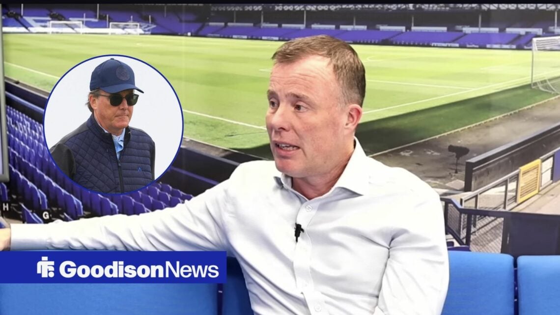 Everton CEO Angus Kinnear looking concerned, Dan Friedkin in inset.