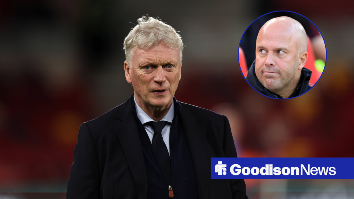 Everton boss David Moyes, Arne Slot in inset.