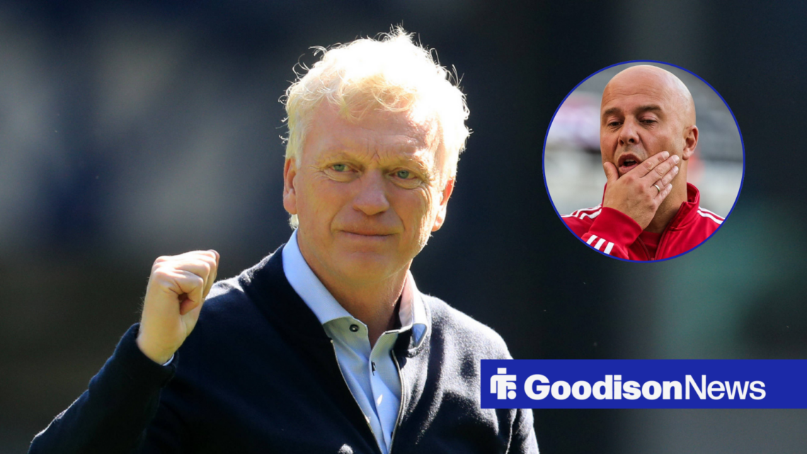 Everton manager David Moyes looking happy, Arne Slot looking moody in inset.