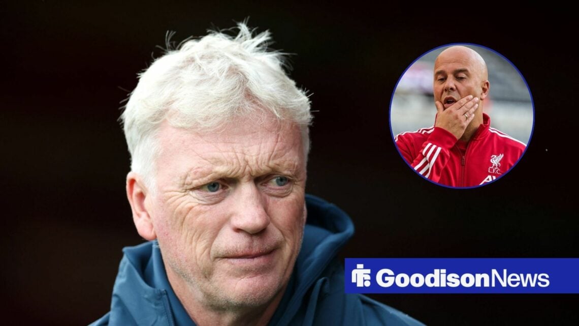Everton manager David Moyes and Arne Slot looking upset in inset.