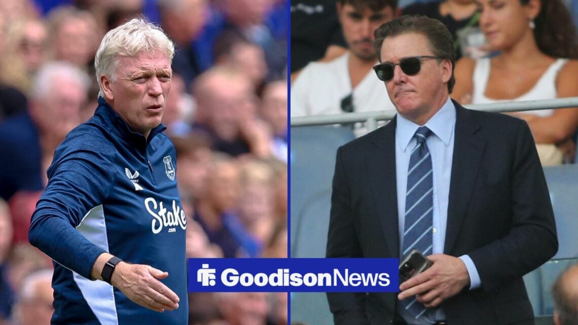 Everton boss David Moyes looking angry, Dan Friedkin watching on.