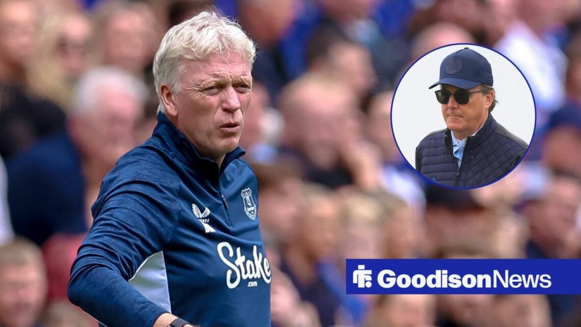 Everton boss David Moyes looking angry, Dan Friedkin looking on.