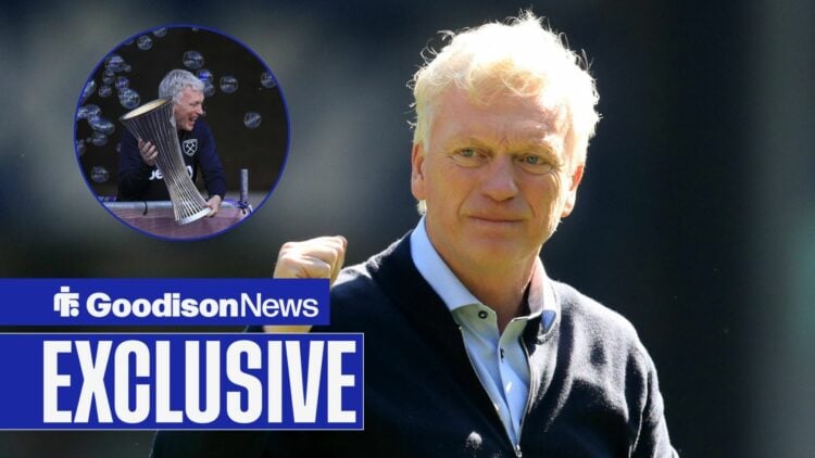 Everton manager David Moyes looking happy, Moyes lifting the Conference League trophy in inset.