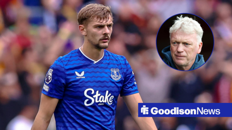 Kiernan Dewsbury-Hall in action for Everton, David Moyes in inset.