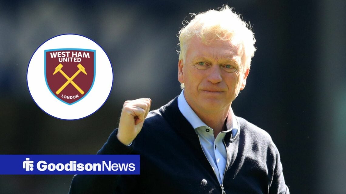 Everton boss David Moyes looking happy, West Ham badge in inset.