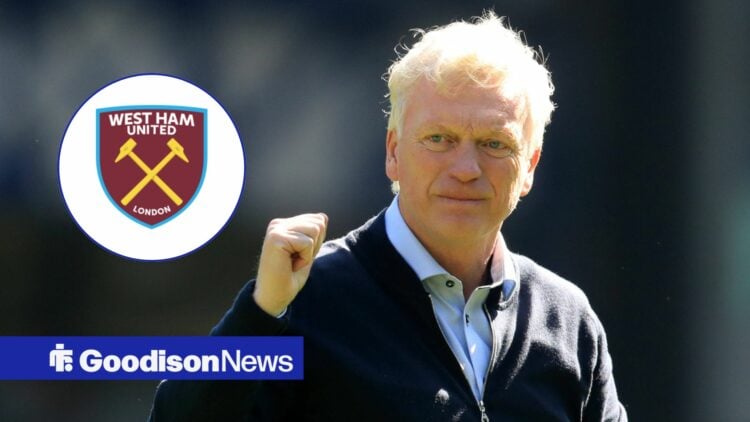 Everton boss David Moyes looking happy, West Ham badge in inset.