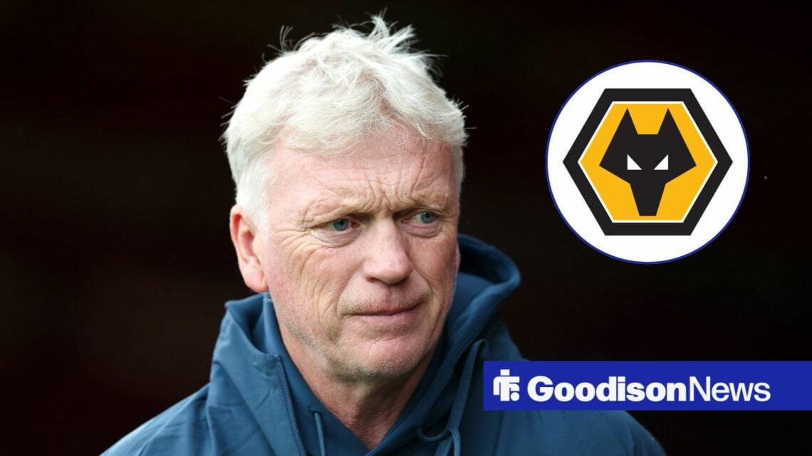 Everton manager David Moyes looking worried, Wolves badge in inset.