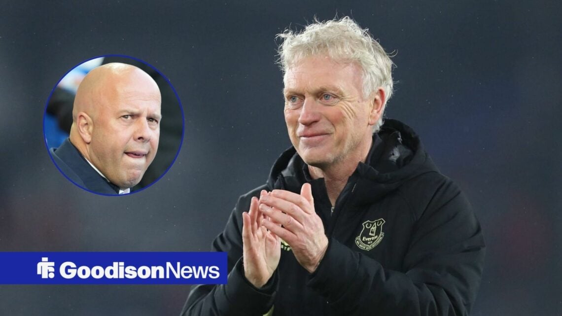 Everton manager David Moyes clapping, Arne Slot in inset.