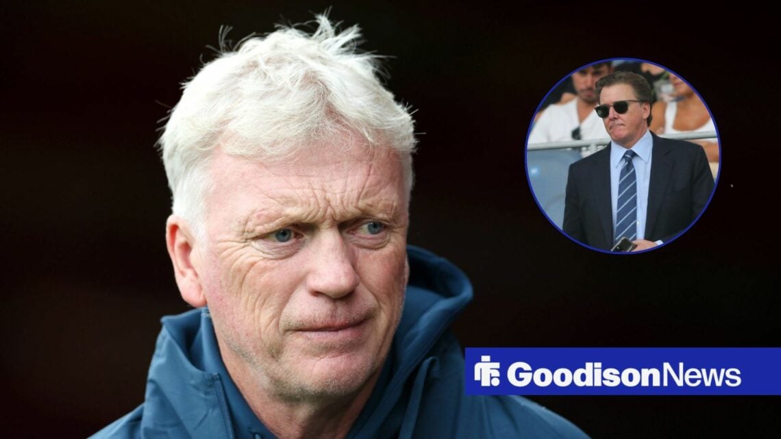 Everton boss David Moyes looking concerned, Dan Friedkin in inset.