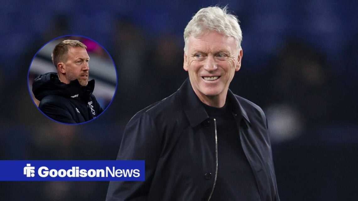 Everton boss David Moyes looking happy, Graham Potter miserable in inset.