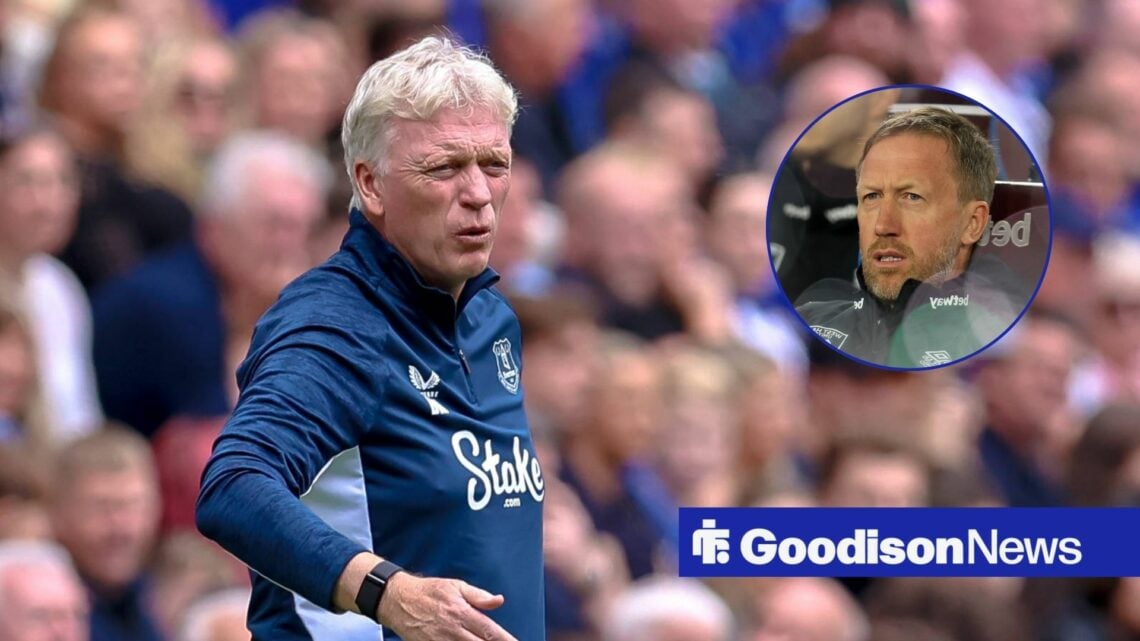 Everton boss David Moyes looking angry, Graham Potter in inset.