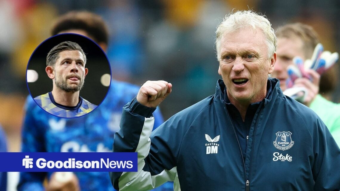 Everton boss David Moyes looking happy, James Tarkowski in inset.