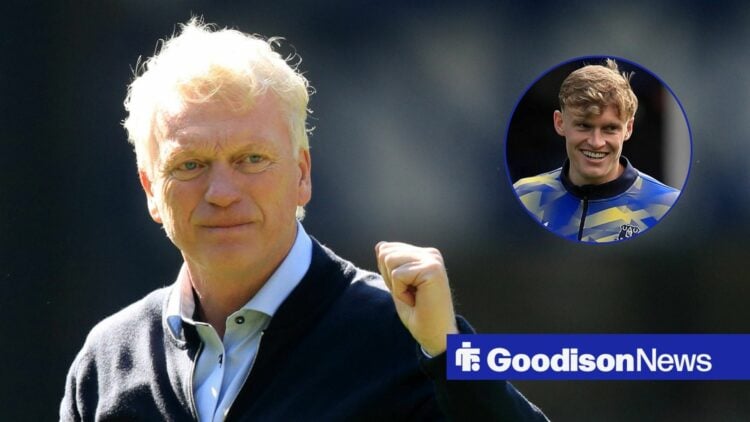 Everton manager David Moyes looking happy, Jarrad Branthwaite in inset.