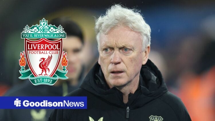 Everton boss David Moyes looking angry, Liverpool badge in inset.