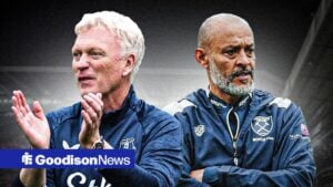 Everton boss David Moyes happy and Nuno Espirito Santo looking sad.