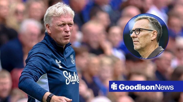 Everton boss David Moyes looking angry, Paul Merson in inset.