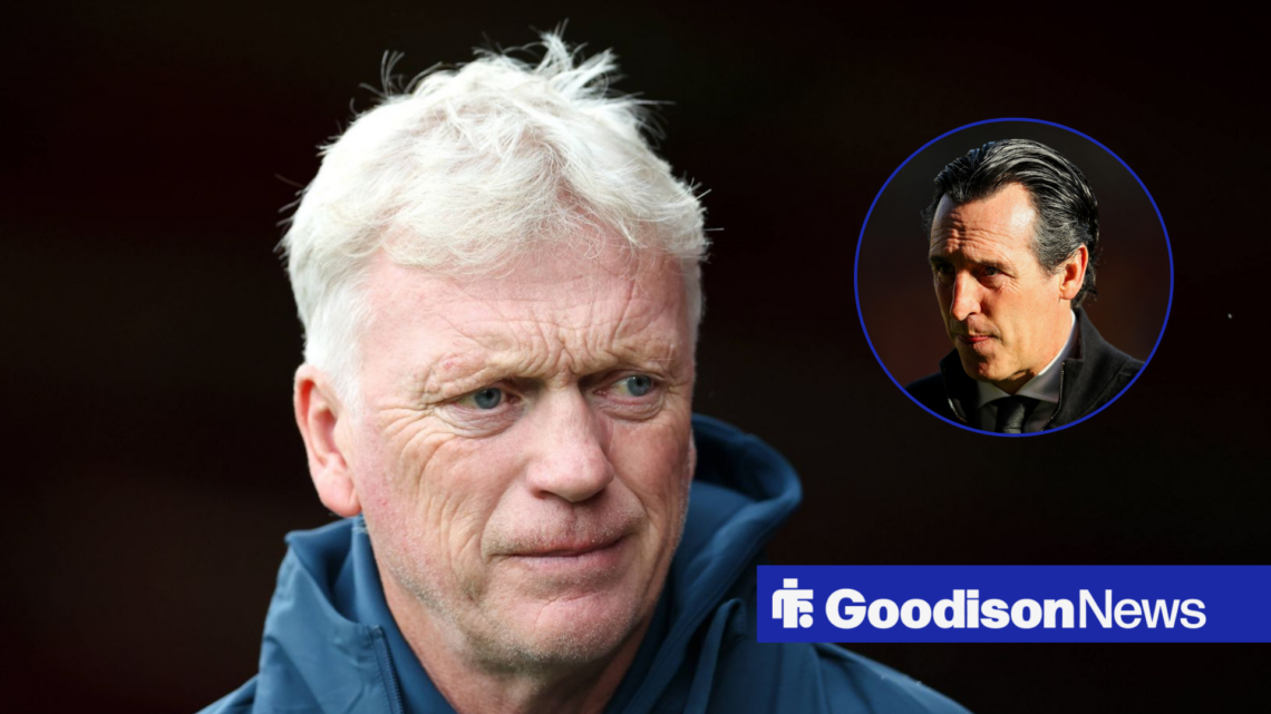 Everton manager David Moyes looking concerned, Aston Villa boss Unai Emery in inset.