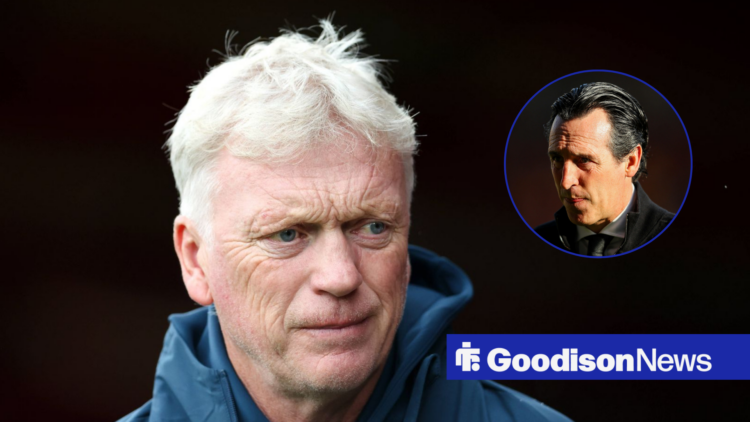 Everton manager David Moyes looking concerned, Aston Villa boss Unai Emery in inset.